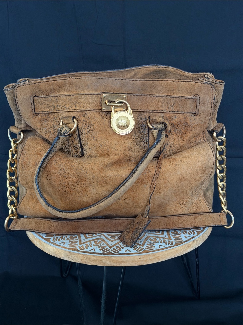Timeless Beauty Michael Kors Brown Suede Hobo with Gold-Tone Chain and Padlock